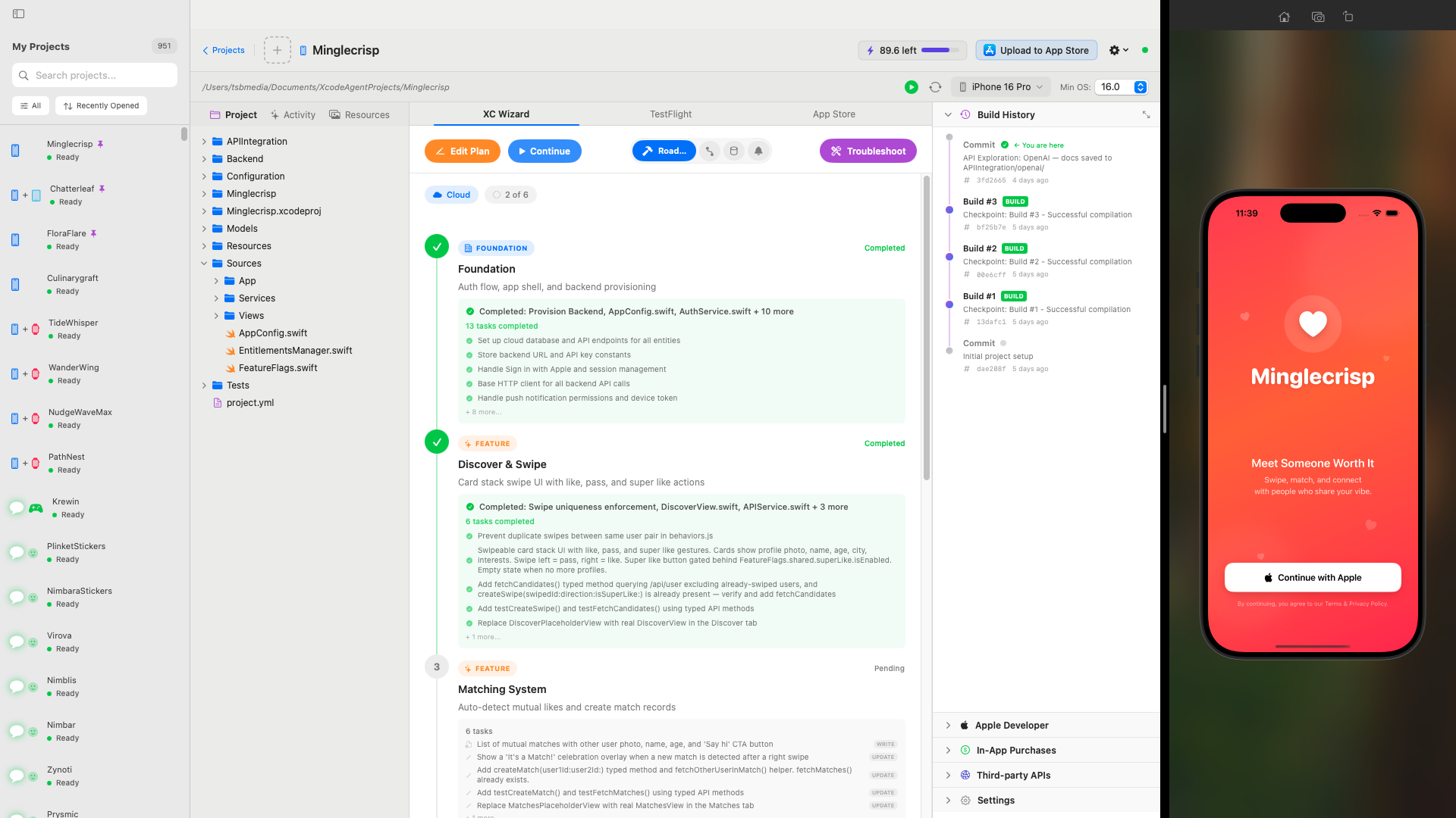 XC Wizard Build View — Minglecrisp dating app with roadmap, build history, and iPhone preview