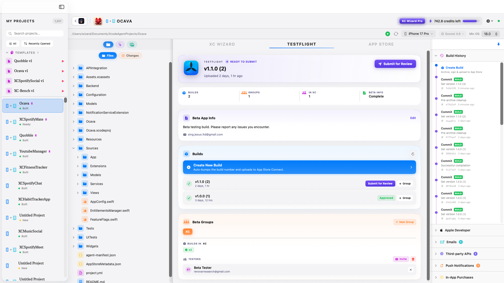 XC Wizard TestFlight tab — v1.1.0 build ready to submit, with builds list, beta groups, and tester invitations.